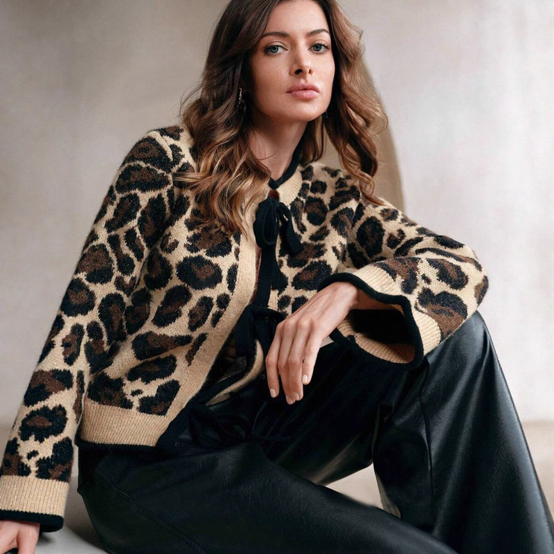 2026 Spring New Leopard Print Sweater Women's Cardigan European and American Loose Lazy Style Internet Celebrity Drawstring Knitted Top Jacket 2026 Spring New Leopard Print Sweater Women's Cardigan European and American Loose Lazy Style Internet Celebrity Drawstring Knitted Top Jacket