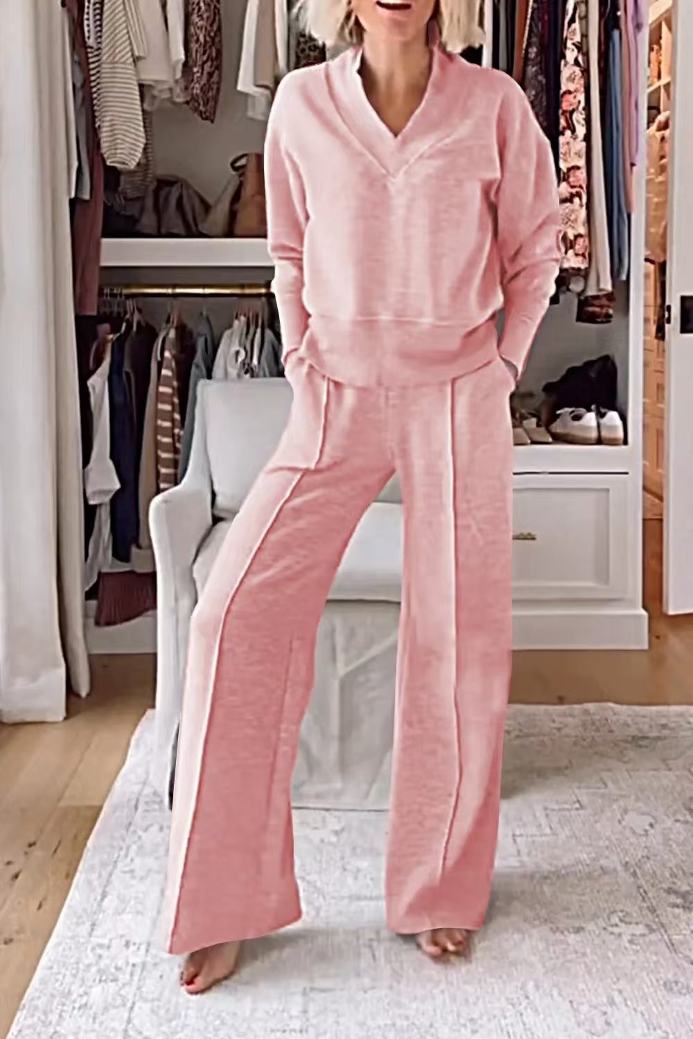 2026 Fall/Winter Cross-Border European And American New V-Neck Long-Sleeve Loose Solid Color Women's Fashion_ecoleips.com