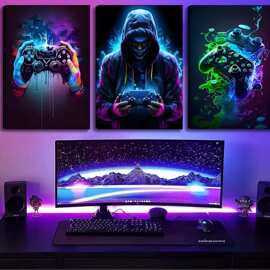 彩色霓虹灯游戏机控制器海报油画墙艺术印刷游戏室装饰画厂家批发