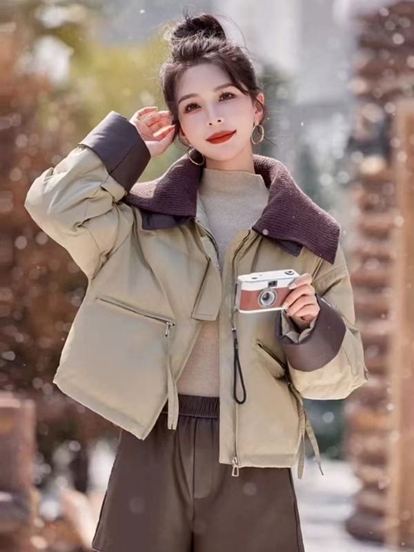 2025羽绒棉服女新款针织翻领皮衣短款冬季新款保暖棉袄外套PU棉厚|undefined