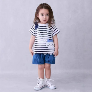 2025 New Style Baby Girl Half-Sleeved Short-Sleeved T-Shirt with Bow Petal Edge Diagonal Bag Style Cartoon Top