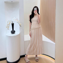 欧美夏季新款跨境针织套装法式高端无袖背心+条纹半裙两件套女装