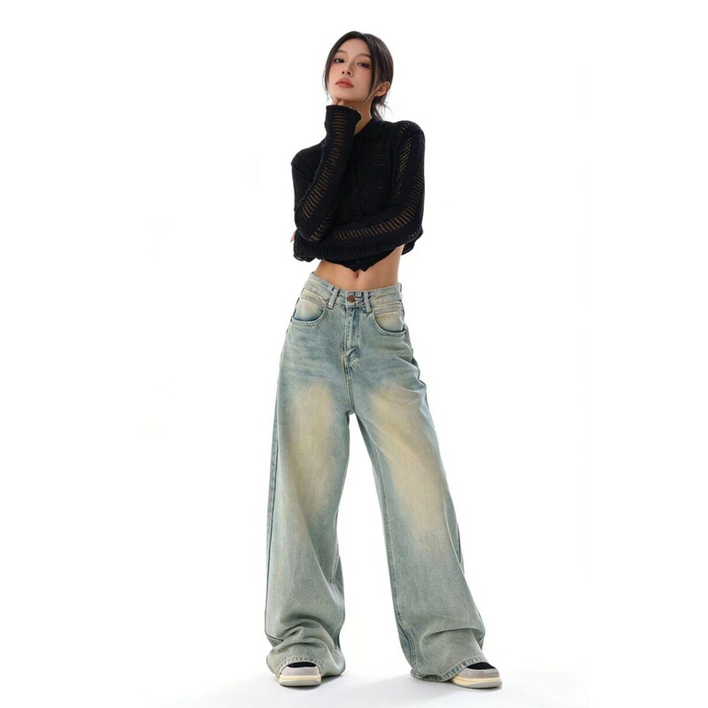 Vintage Yellow Mud Straight-Leg Jeans for Women, Summer 2026 New American Style High-Waisted Loose Design Floor-Length Wide-Leg Pants Vintage Yellow Mud Straight-Leg Jeans for Women, Summer 2026 New American Style High-Waisted Loose Design Floor-Length Wide-Leg Pants