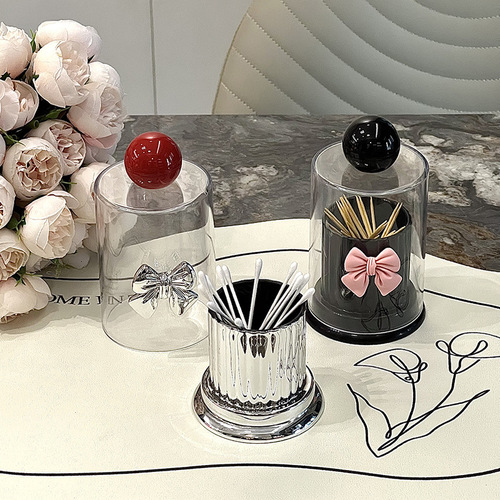 Creative bow ball top toothpick tube contrasting color toothpick jar home decoration high-looking toothpick box cotton swab jar wholesale