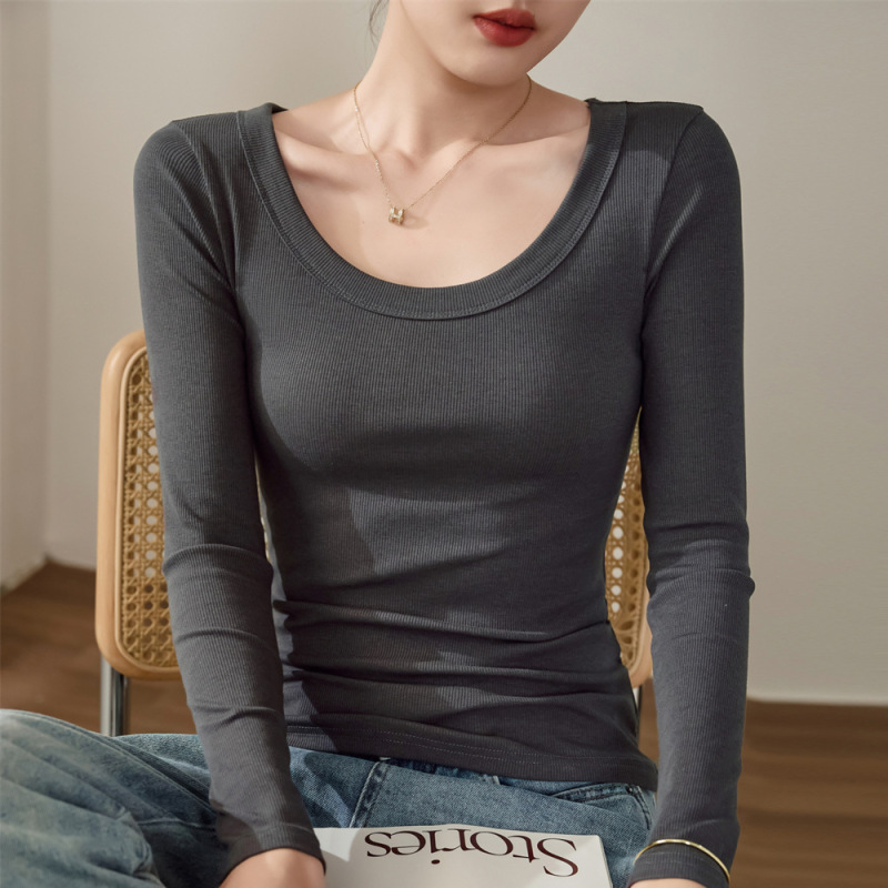 优棉螺纹长袖T恤女2025秋冬新款气质修身显瘦上衣女士打底衫A6682|undefined