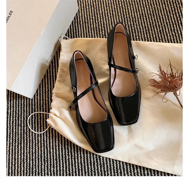 Grape Mom's Same Style, Elegant Square Toe, Slimming Look One-Line Straps, Shallow Mouth Work Clothing Thick High Heels, Mary Jane Shoes for Women, Spring & Fall