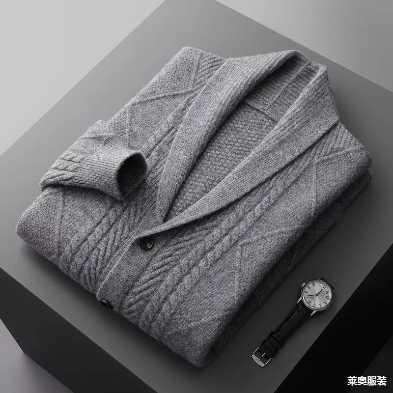 Осенний и зимний новый двухниточный толстый 100 шерстяной кардиган мужской отворот теплый трикотажный топ