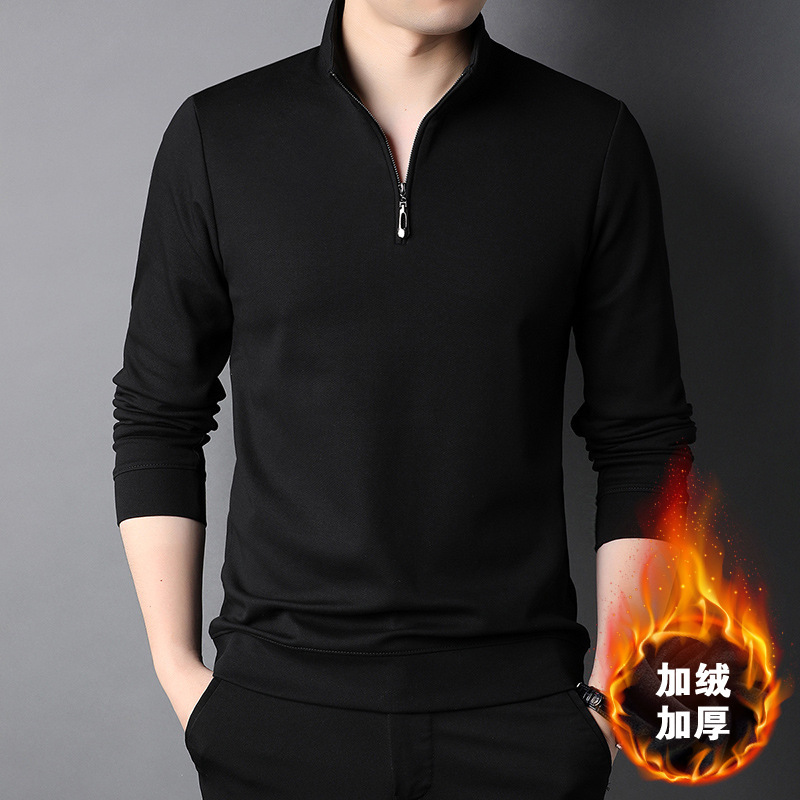 Autumn and Winter Men's fleece-lined Thickened Long-sleeved T-shirt Men's Zipper Collar Solid Color Lapel Polo Shirt T-shirt Base Shirt Autumn and Winter Men's fleece-lined Thickened Long-sleeved T-shirt Men's Zipper Collar Solid Color Lapel Polo Shirt T-shirt Base Shirt