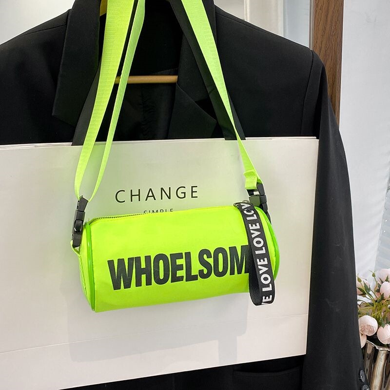 Fashionable printed cylindrical bag, sporty round crossbody bag, Korean-style women's letter-print shoulder bag, simple travel phone bag, trendy Fashionable printed cylindrical bag, sporty round crossbody bag, Korean-style women's letter-print shoulder bag, simple travel phone bag, trendy