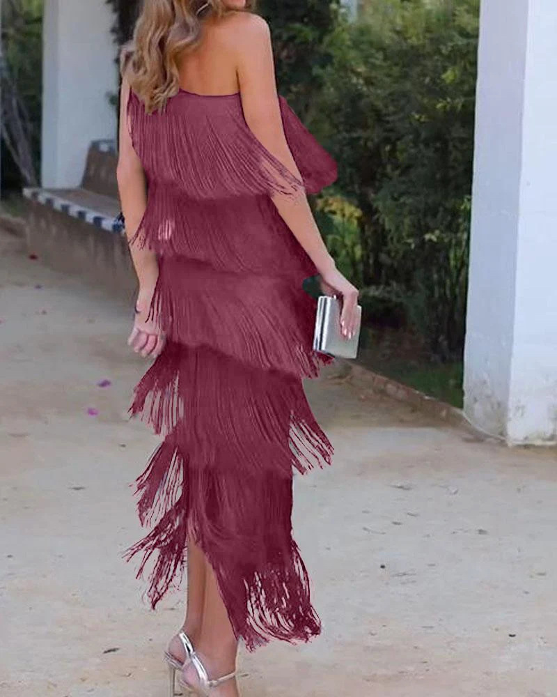 2024 Spring Summer New European And American Foreign Trade Fashion Tassel Asymmetric Off-Shoulder Dress Evening Gown_ecoleips.com