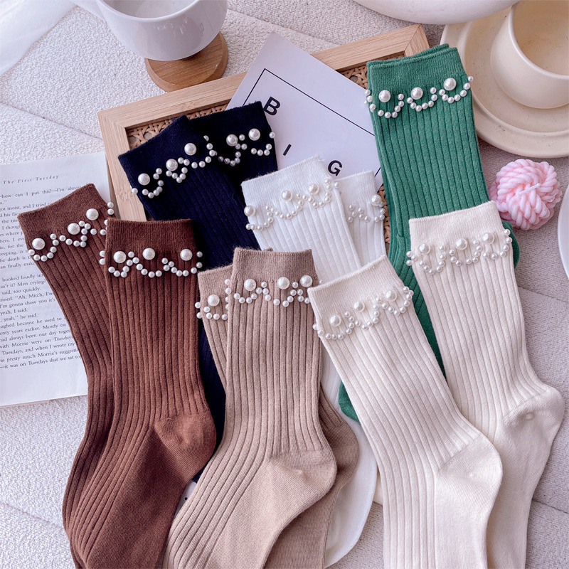 Socks design Pearl mid-calf length socks smiling face high waist women's fashionable Net red outer wear with black leather shoes autumn
