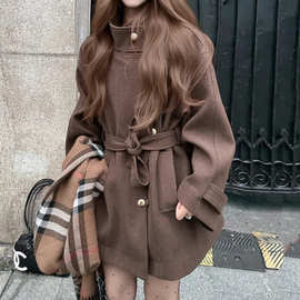 美拉德复古立领短款收腰毛呢外套女冬季高级感休闲气质大衣小个子