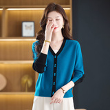 秋季新款长袖羊毛针织衫开衫时尚V领100%羊毛外套宽松休闲女士，女装针织衫/毛衣，妃慕昵服饰