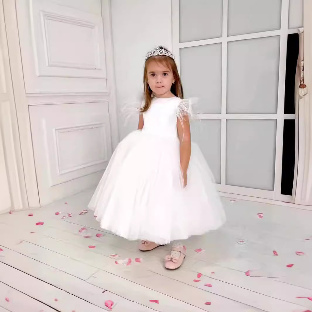 Abito da principessa per bambine Mother & Kids con maniche in tulle effetto piuma, costume da spettacolo, abito formale per bambina, abito da damigella d'onore._voghion.com