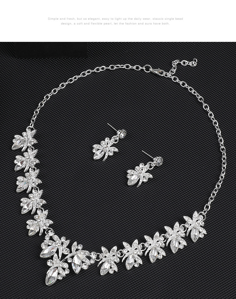 Set di orecchini e collana in lega di cristallo di vetro intarsiato con libellula, abito da sposa e accessori_voghion.com