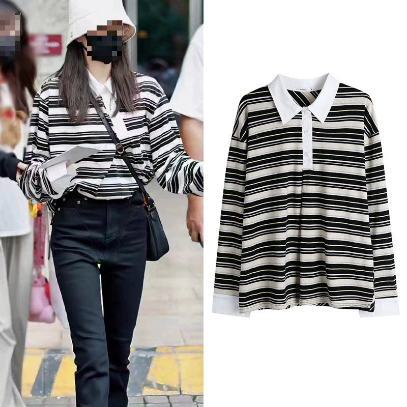 В наличии Белая звезда росы такой же корейский стиль черно-белый полосатый ленивый стиль свободная стройнящая футболка поло с длинным рукавом Футболка для женщин