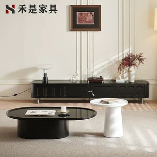 法式复古黑色白色茶几组合现代简约客厅家用北欧奶油风椭圆形茶几