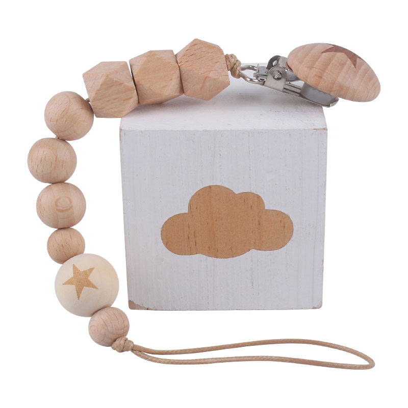 Bebé suministros de dibujos animados de haya forma chupete clip de haya animal cuentas de madera mordedor cuentas pezón cadena anti-perdido cadena