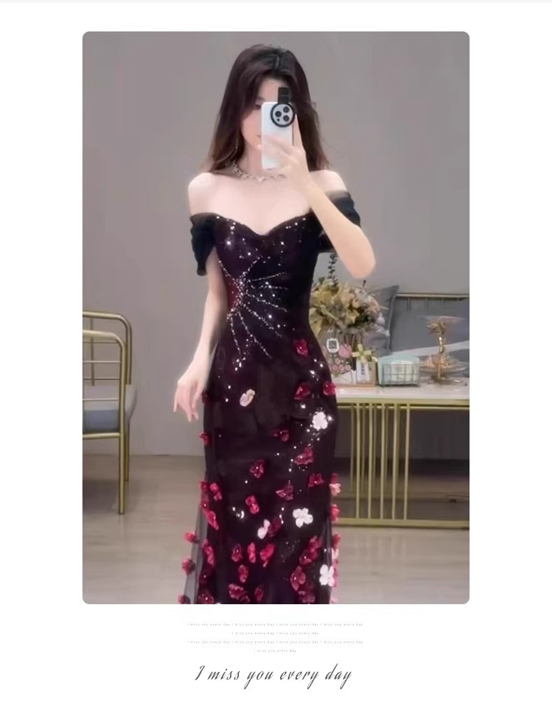 Off The Shoulder Bridal Toast Dress Floral Sequined Ethereal Beauty Mermaid Evening Gown For Engagement Party Hostess Style_ecoleips.com