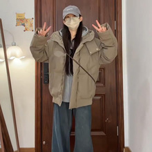 美式PU皮羽绒服女短款加厚2025新款连帽高级感小个子面包服外套男