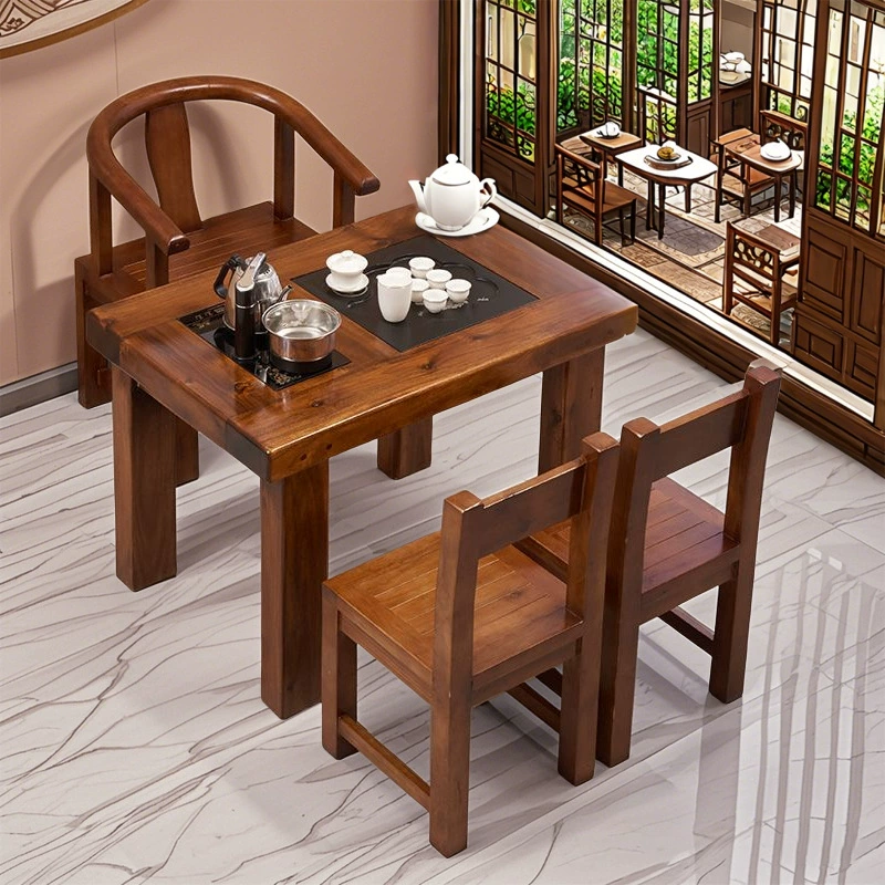 Старый деревянный чайный стол и стул из цельного дерева, китайский чайный столик для балкона, домашний набор для офиса или маленькой квартиры.