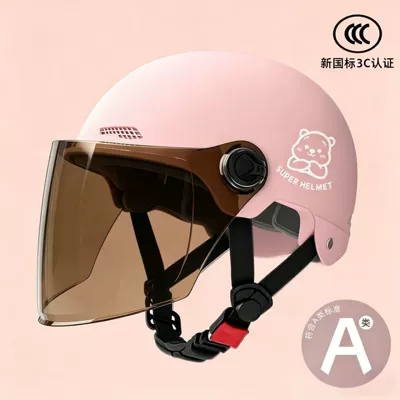 New national standard 3C certification electric motorcycle helmet men's and women's battery car four seasons universal safety helmet adult half helmet (Motosiklet kaskı (dəbilqə)) - 02-pink-brown-long-mirror-silver-white-bear