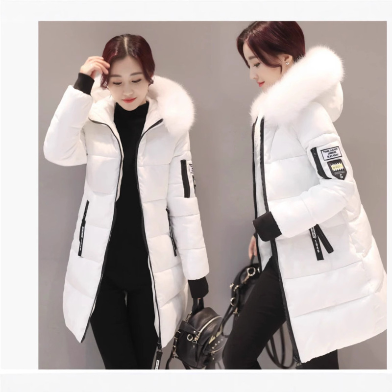 Cross-Border Cotton-Padded Jacket for Women, Mid-Length, Slim Fit, Plus-Size, with Large Fur Collar, Thickened, Trendy