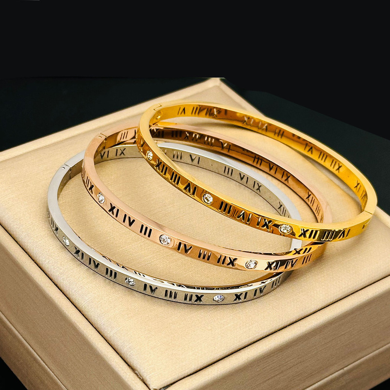Fashionable Hollow Roman Numeral Diamond-Encrusted Titanium Steel Bracelet for Women Niche Light Luxury High-End Diamond-Encrusted Bracelet Wholesale
