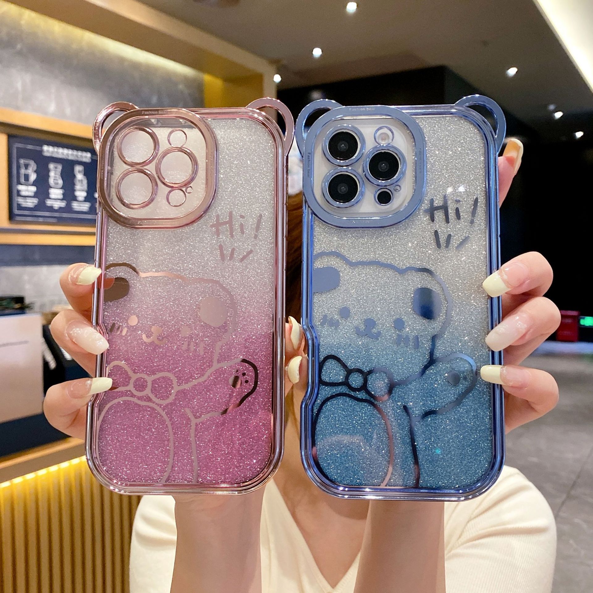 Electroplated Gradient Glitter Bear Export Suitable for Iphone16Promax Mobile Phone Case Apple 15 Cooling Soft Case