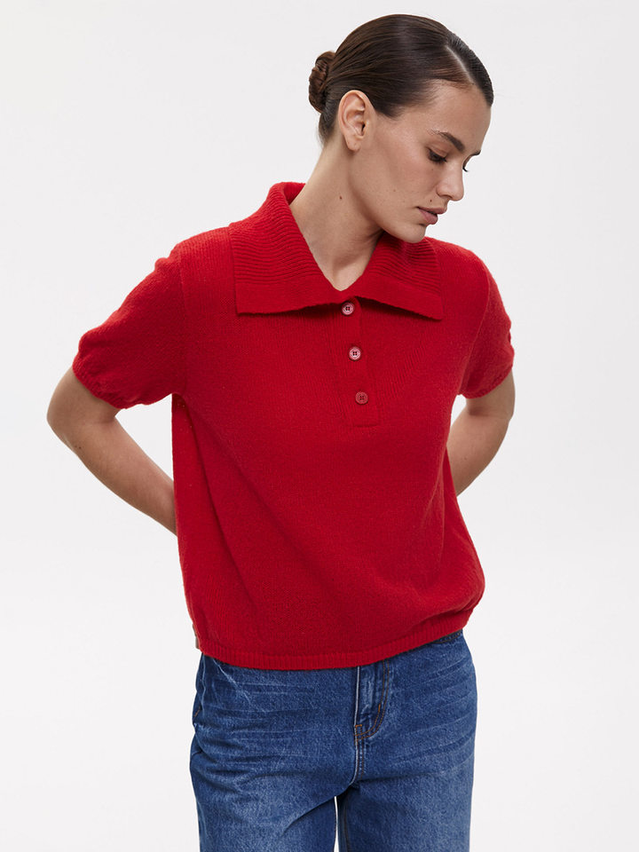 Áo len nữ dệt kim cổ Polo tay phồng dáng suông — Màu be, Màu hồng, Màu trắng, Màu xanh lam chi tiết 44