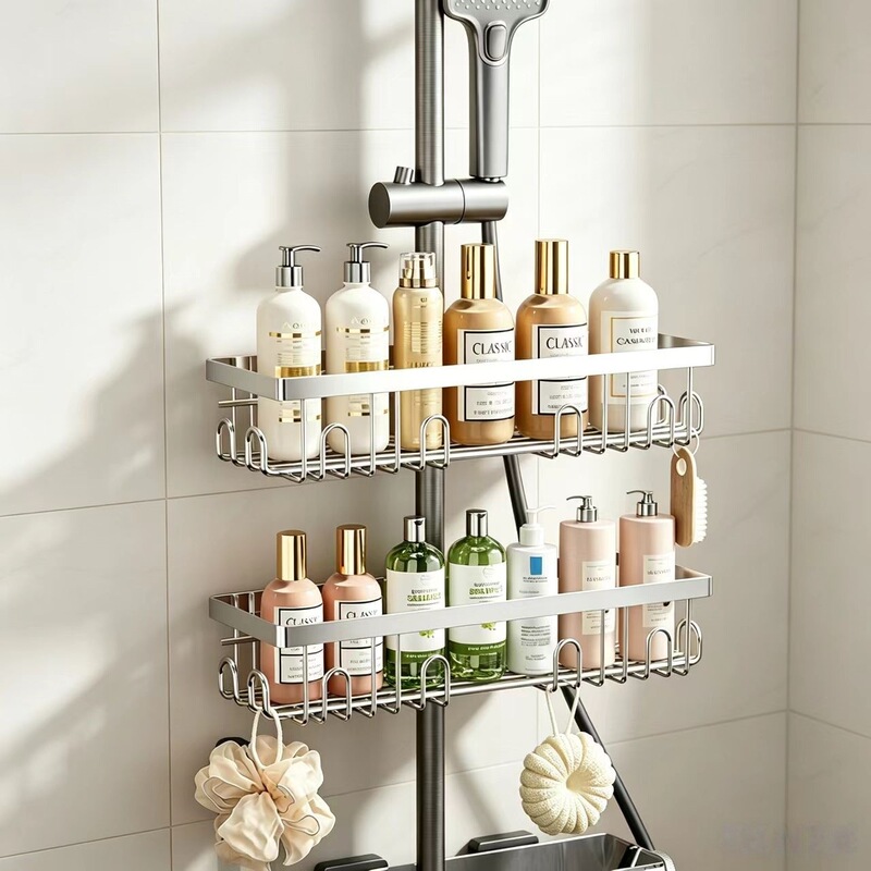 Customized Bathroom Shower Rack for Storing Shampoo and Shower Gel, No-Drill Adjustable Rod Bracket Tray