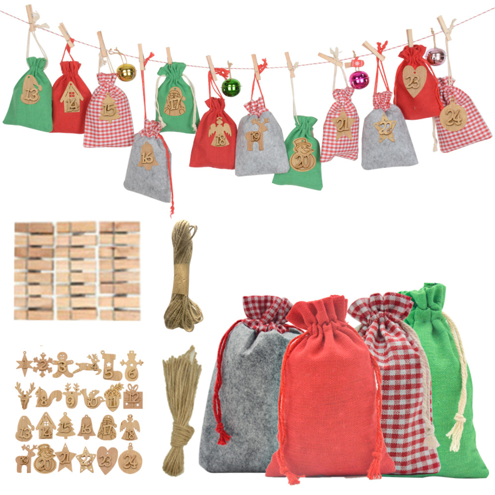 亚马逊供货毛毡布收纳袋 圣诞降临日历套装 彩色棉布袋礼品包装袋