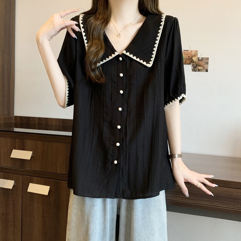 夏用女性用ブルー右肩シャツ、大きいサイズ、太ったmm、お腹カバー、痩身、肉隠し、フレンチドールカラー半袖シフォントップス|undefined