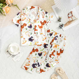 跨境男女童睡衣春夏宝宝公鸡印花短袖开衫家居服套装中小童睡衣