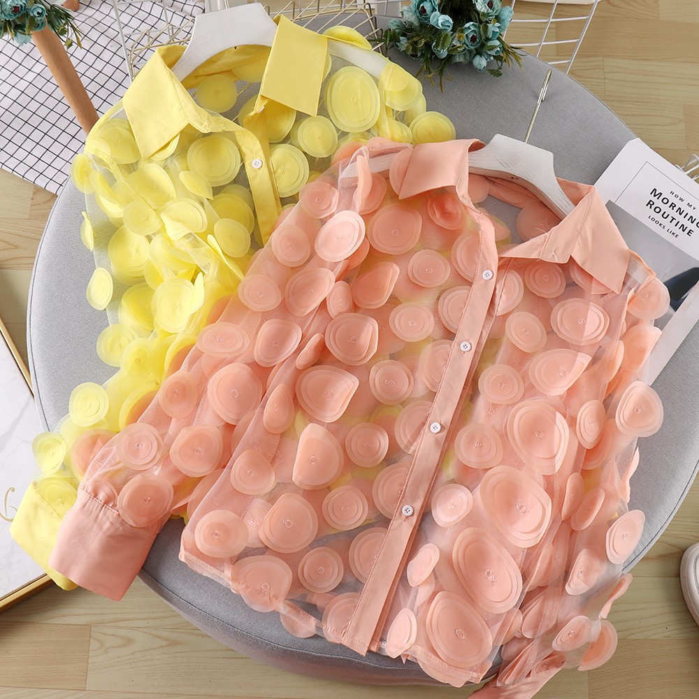 Camicia in chiffon da donna con fiori tridimensionali in stile palazzo francese, camicia a rete in stile straniero con maniche a lanterna cava per donna_voghion.com