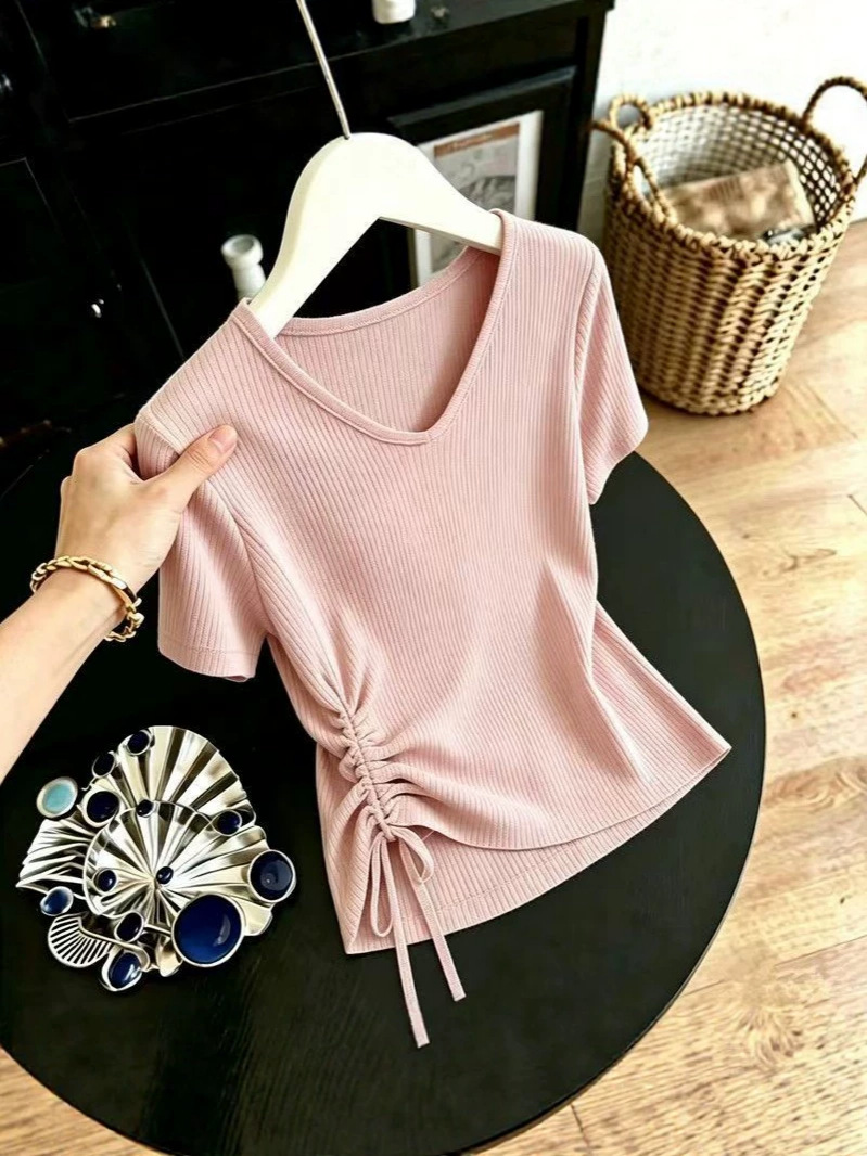 Áo thun nữ tay ngắn dây rút bất đối xứng phong cách Hàn Quốc form rộng — tím hoa cà