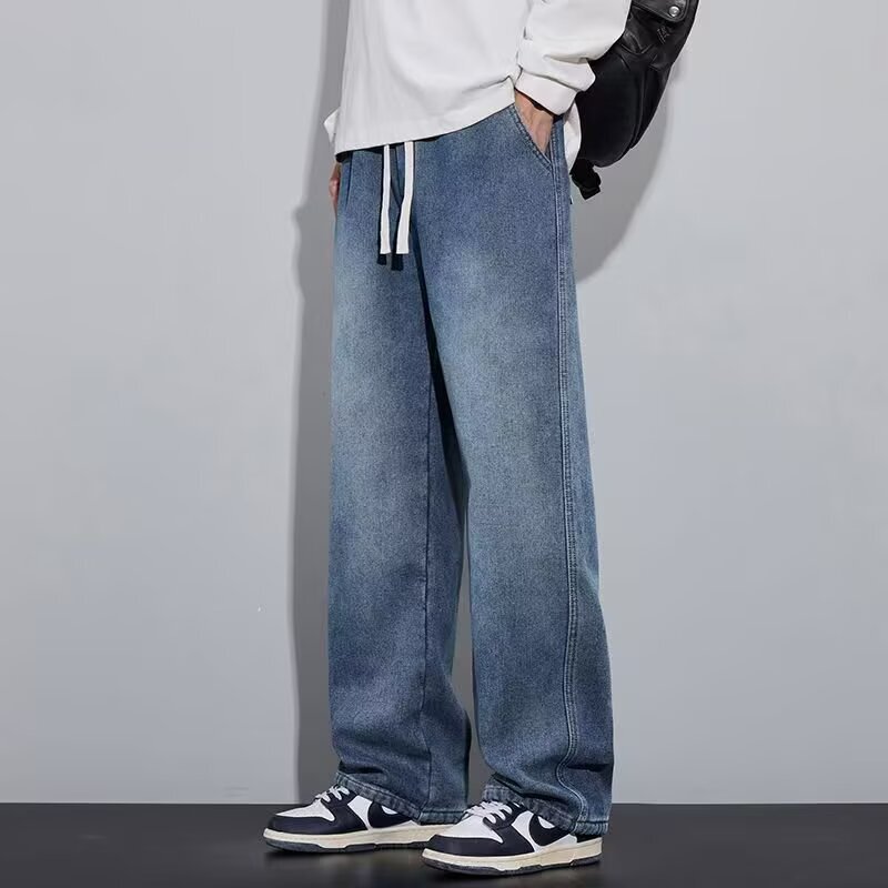 New Style American Washed Denim Jeans for Men, Korean Style Drawstring Loose Fit Versatile Wide-Leg Straight Casual Long Pants Men's Clothing New Style American Washed Denim Jeans for Men, Korean Style Drawstring Loose Fit Versatile Wide-Leg Straight Casual Long Pants Men's Clothing