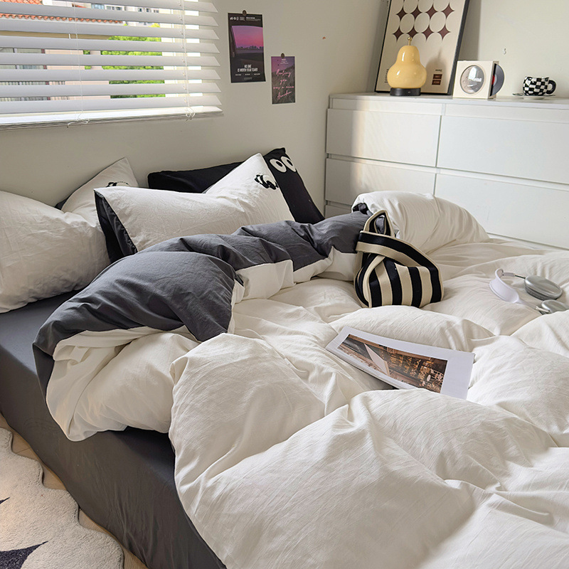 Simple ins toallas de algodón lavados bordadas cuatro piezas sábanas cubiertas cama de dibujos animados dormitorio de tres piezas ropa de cama