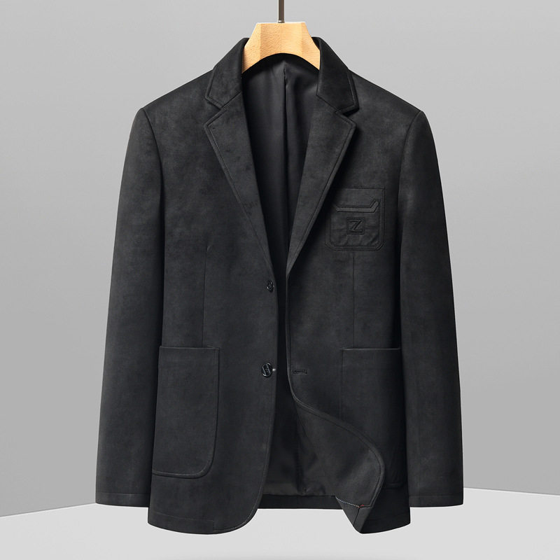 Áo khoác vest nam da lộn phong cách retro hai cúc dáng ôm, tay dài cổ vest — Màu kaki, Màu nâu cà phê, màu đen