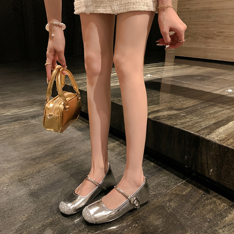 Petite Women's 5cm Height Increasing French Style Silver Rhinestone Mary Jane Soft Sole Ballet With One Strap Shallow_vogvips.com