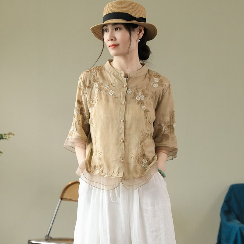 重工業刺繍綿とリネントップス七分袖エスニックスタイルスプライシングシャツ2025夏文学レトロ婦人服クラシック|undefined