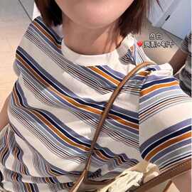 热销彩虹多彩条纹短袖男士学生情侣2025夏季韩版新款宽松圆领上衣
