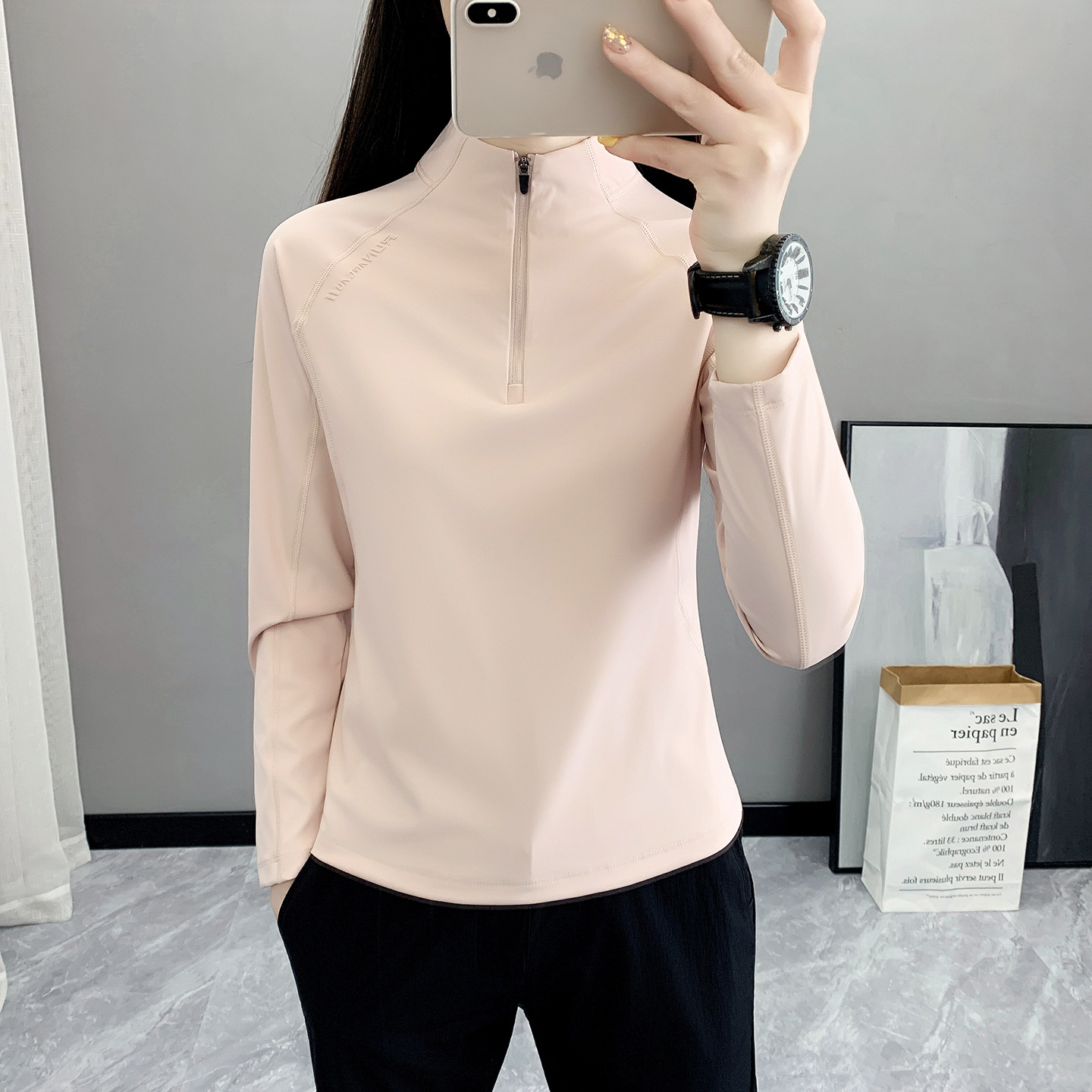 Women's Outdoor Long-Sleeve T-Shirt for Autumn and Winter, Warm, Casual, Sports, Fitness, Half-Zip, Stand-Up Collar, Stretchy Base Layer Sweatshirt