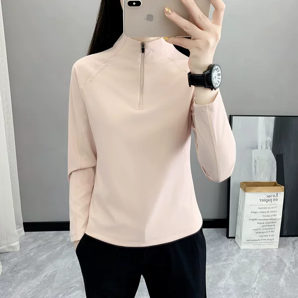 Women's Outdoor Long-Sleeve T-Shirt for Autumn and Winter, Warm, Casual, Sports, Fitness, Half-Zip, Stand-Up Collar, Stretchy Base Layer Sweatshirt