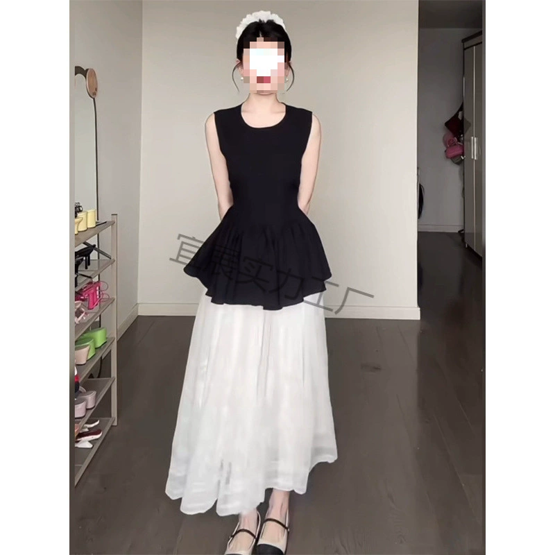 2025夏季新款气质高腰显瘦蕾丝半身裙女韩系穿搭收腰圆领无袖上衣