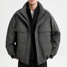 男士轻薄多口袋羽绒服2025冬季新款pu皮保暖短款夹克式工装外套男