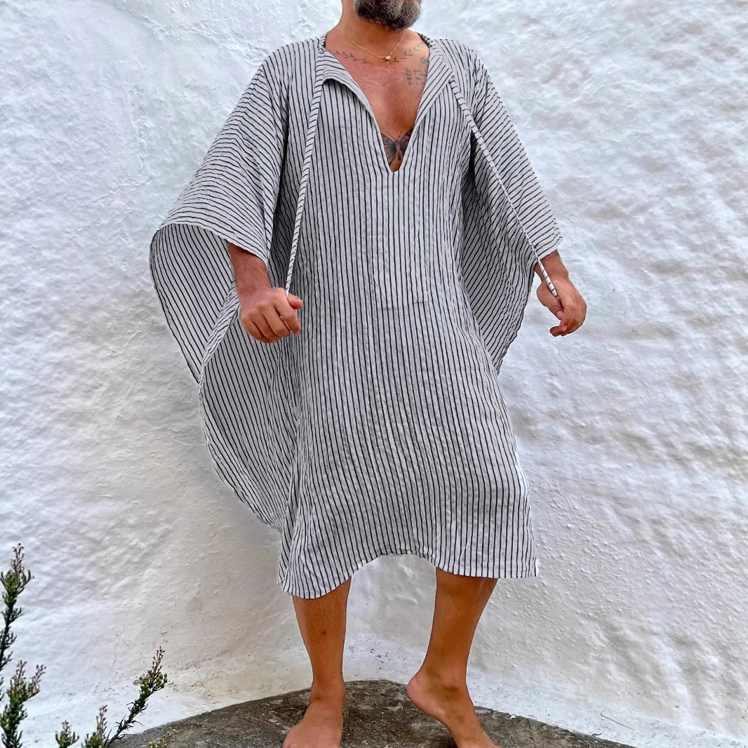 Trendiges Herren-Langarmhemd mit afrikanischem Print – Locker geschnittene, ethnisch gestreifte Tunika im muslimischen Stil (Einheitsgröße, Schwarz, Polyester)_voghion.com