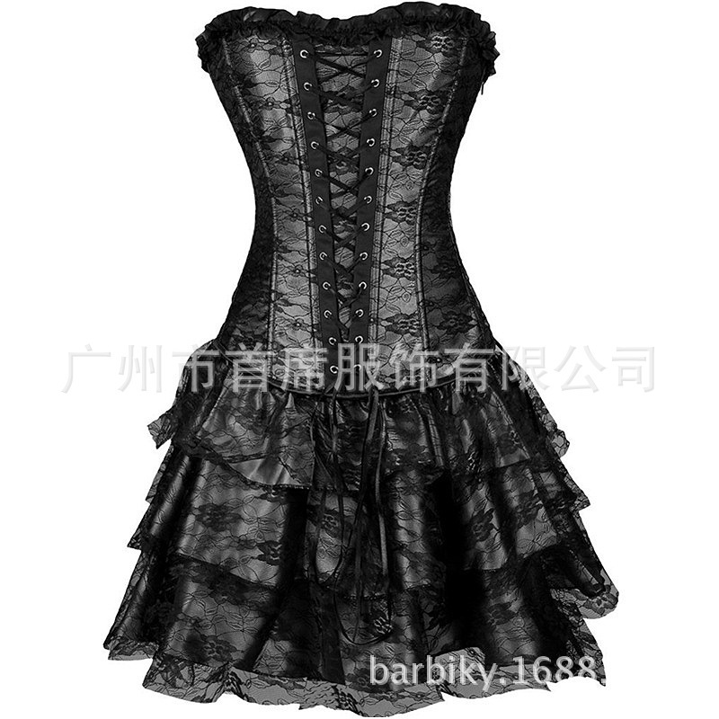 宫廷束身衣朋克纱裙三件套corset外穿骨衣女士塑形胸衣性感塑身衣