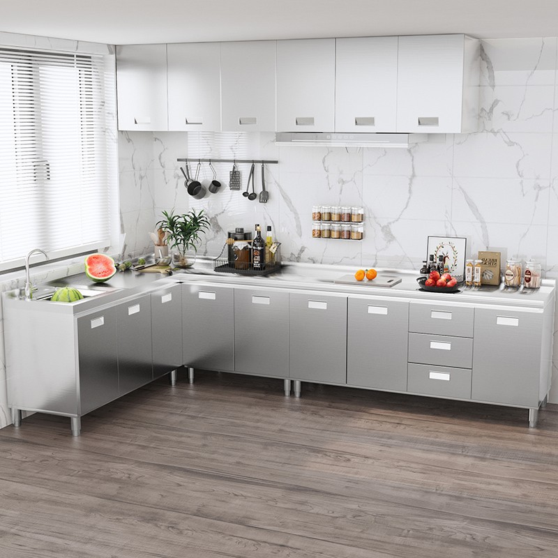 整体304全不锈白钢厨房橱柜简易灶台一体储物收纳碗柜家用小户型/