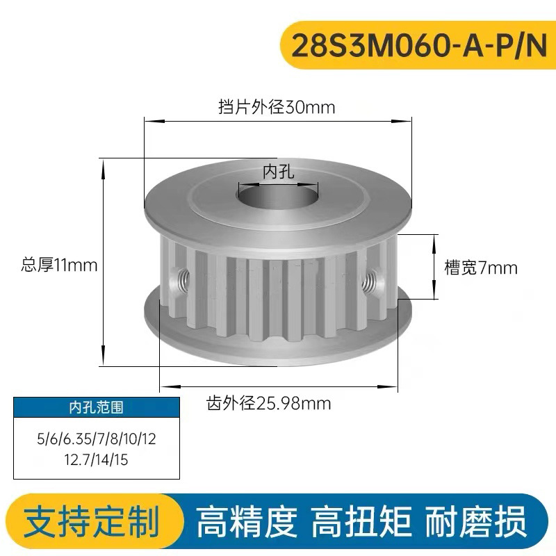 同步轮S3M28齿 槽宽7 AF型 两面平 同步带轮HTPA28S3M060-A-P5-14